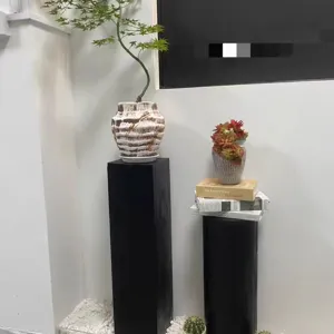 Detail view of the black wooden pedestal display stand in wabi-sabi style interior.