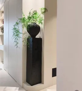 Wabi-sabi solid wood pillar display stand, minimalist hallway corner plant flower pot base.