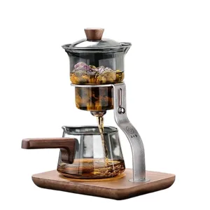 Service à thé en verre avec manche en bois, théière automatique élégante pour bureau et maison.