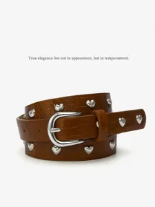 Brown crocodile pattern women belt featuring shiny metal heart studs and silver pin buckle.