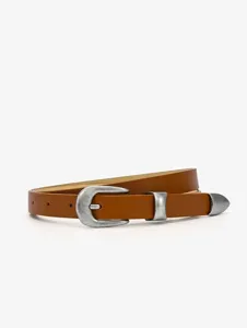 Women's slim brown belt with vintage silver metal buckle, stylish accessory for daily outfits.