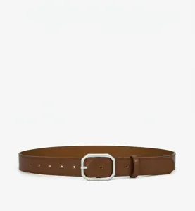 Vue de détail de ceinture femme en cuir PU marron avec boucle octogonale argentée.