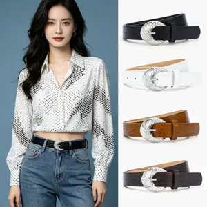 Women fashion crocodile pattern thin belt with stylish metal buckle for jeans and dresses