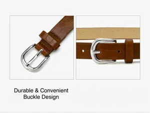 Women crocodile pattern leather belt detail view, brown stylish waist accessory with metal buckle.