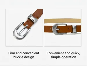 Detailed view of minimalist women brown leather belt showcasing vintage silver buckle detail.