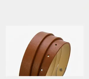 Details of brown PU leather women's belt showing fine texture and neat stitching quality.