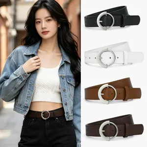 Stylish women's leather belt with a sleek round metal buckle, perfect for casual jeans and daily wear.