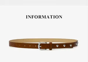 Women brown crocodile pattern leather belt with cute silver heart rivets and metal buckle