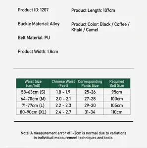 Detailed size chart and specifications for women PU leather belt, width 1.8cm, length 107cm.