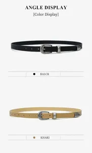 Detailed view of women's thin leather belt featuring stylish metal buckle and decorative tip.