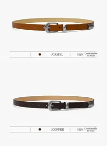 Minimalist women's leather belt set featuring camel and coffee colors with vintage metal buckles.