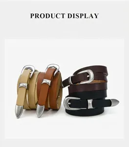 Minimalist women leather belt thin waist strap with metal buckle and tip for daily wear