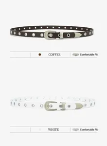Femme fin boucle ardillon en métal ceinture en cuir avec œillets élégante chaîne de taille