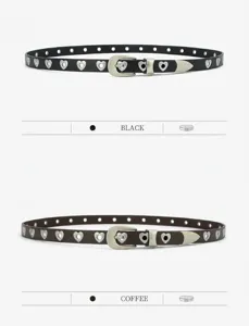 Ceinture fine en cuir à boucle ardillon métallique œillets cœur design minimaliste style