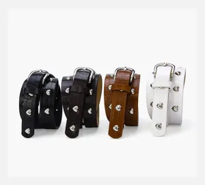 Women crocodile pattern leather belt with heart studs and silver buckle for daily wear.