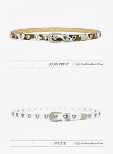 Vue détaillée de la fine ceinture en cuir pour femme avec œillets en métal et imprimé vache.