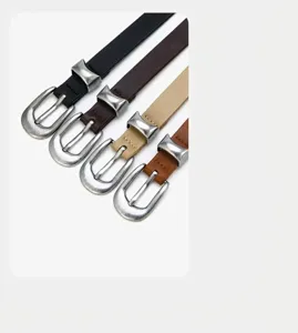 Women thin leather belt vintage metal buckle set minimalist casual waist strap black brown