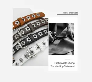 Punk style floral punched eyelet PU thin belt versatile jeans accessory metal buckle.