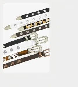 Ceinture fine en cuir pour femme avec boucle métallique et design élégant quotidien.