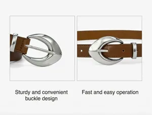 Detailed shot of brown faux leather women belt featuring unique silver crescent moon buckle.