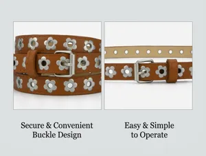 Close-up detail of brown PU leather belt featuring metal flower grommets and pin buckle.