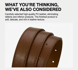 Close-up detail of brown PU leather women belt showing fine texture and neat stitching.