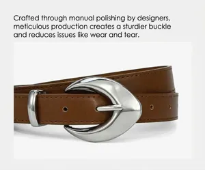 Detailed view of women's brown faux leather belt featuring a chic silver crescent moon buckle.