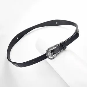 Cinturón de cuero PU estilo western para mujer hebilla decorativa vintage negra accesorio