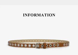 Details of PU leather belt with metal flower eyelets and silver buckle for jeans.