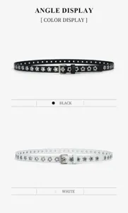 Punk style flower eyelet PU thin belt with metal buckle, versatile jeans clothing accessory.