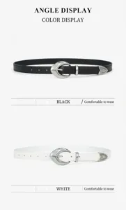 Women faux leather belt with moon metal buckle, stylish versatile jeans decorative belt detail.