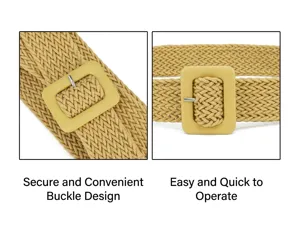 Woven straw belt for women casual dress belt stylish square buckle waist accessory