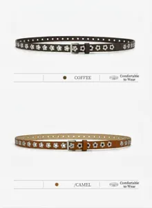 Punk style flower punched PU thin belt with metal buckle, casual jeans waist accessory for women.