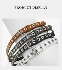 Detail view of punk style PU thin belts with metal flower eyelets and pin buckles in four colors.