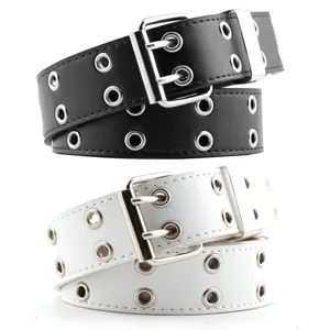 Punk Style Double Row Eyelet PU Leather Belt For Women Fashion Jeans Wide Waist Belt With Metal Chain Gothic