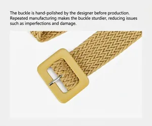 Close-up detail of the stylish woven straw belt with a square buckle, perfect for casual looks.