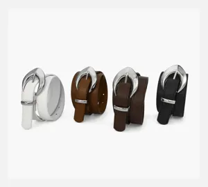 Detail view showing four stacked faux leather belts with unique moon metal buckles in diverse colors.