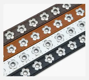Punk style metal flower eyelet PU leather belt set, versatile jeans accessories in four colors.