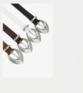 Women fashion leather belt with silver metal moon buckle casual jeans waist belt 4 colors