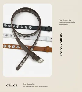 Punk style flower punched eyelet PU thin belt detail, versatile jeans accessory with metal buckle.