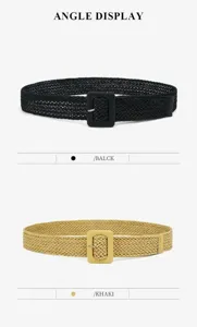 PP straw woven belt detail showing black and khaki options with square buckle for women dress.