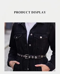 Punk style metal flower eyelet pu leather belt for women jeans fashion accessory black