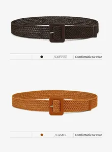 Casual woven straw belt for women, stylish square buckle waist accessory in coffee and camel.