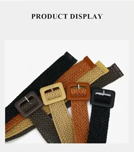 Woven belt for women straw elastic waist belt stylish square buckle dress coat accessory