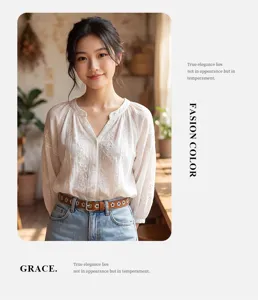 Elegant women floral embroidered blouse with punk style eyelet PU belt, stylish and versatile.