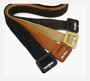 Woven straw belt for women casual dress match square buckle elastic waist band stylish accessory