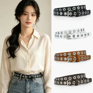 Punk style flower grommet pu leather belt for women, casual jeans waist accessory with metal buckle.