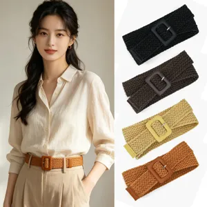 Casual PP straw woven elastic belt for women with square buckle dress waist cinch band multi-color