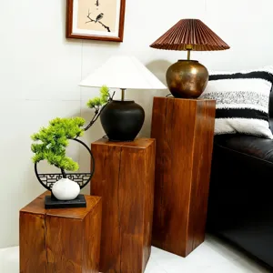 Wabi-sabi solid wood stump display stand, walnut finish accent table for living room decor.