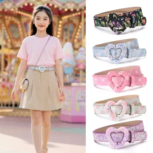 Enfants Filles Cuir PU Ceinture Fine Mignonne Boucle Cœur Motif Étoile Brillante Ceinture Décorative Pour Jeans Robe